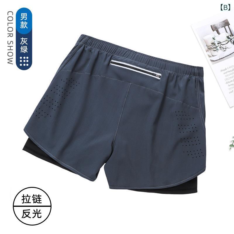 スカイライトの夏の スポーツ パンツ 男性 速 乾 通気 二 重 防 光偽 二 枚 トレーニング 三 分 ズボンフィットネスランニングパンツ｜アングル2