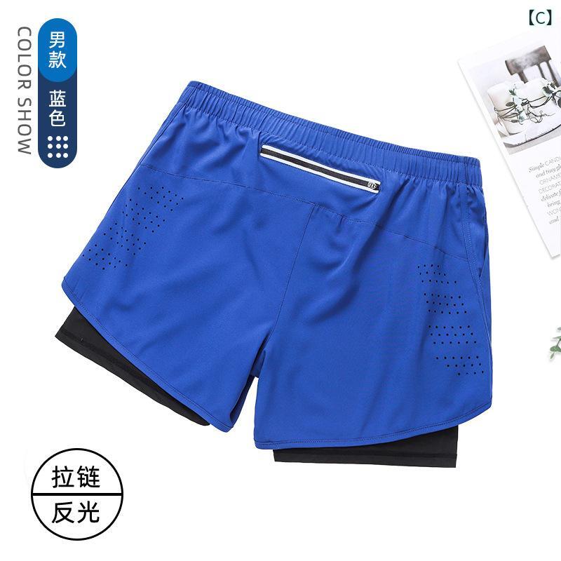 スカイライトの夏の スポーツ パンツ 男性 速 乾 通気 二 重 防 光偽 二 枚 トレーニング 三 分 ズボンフィットネスランニングパンツ｜アングル3
