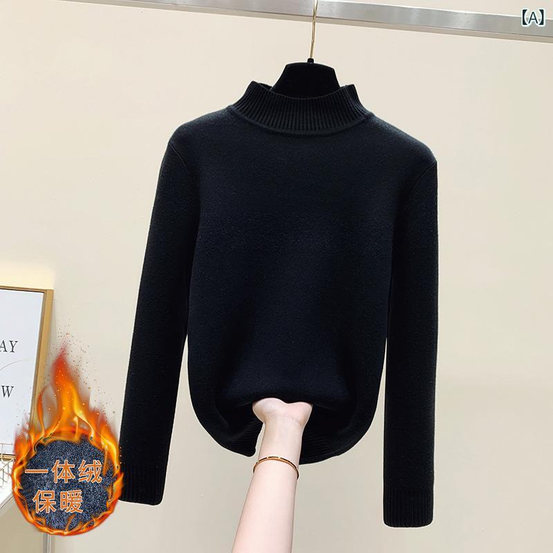 Knitting, Sweaters - 現物 一体 ベルベット セーター 女性 秋冬 ベルベット 厚手 半 高 襟 ジャケット 2022 セーターニットシャツ 上着