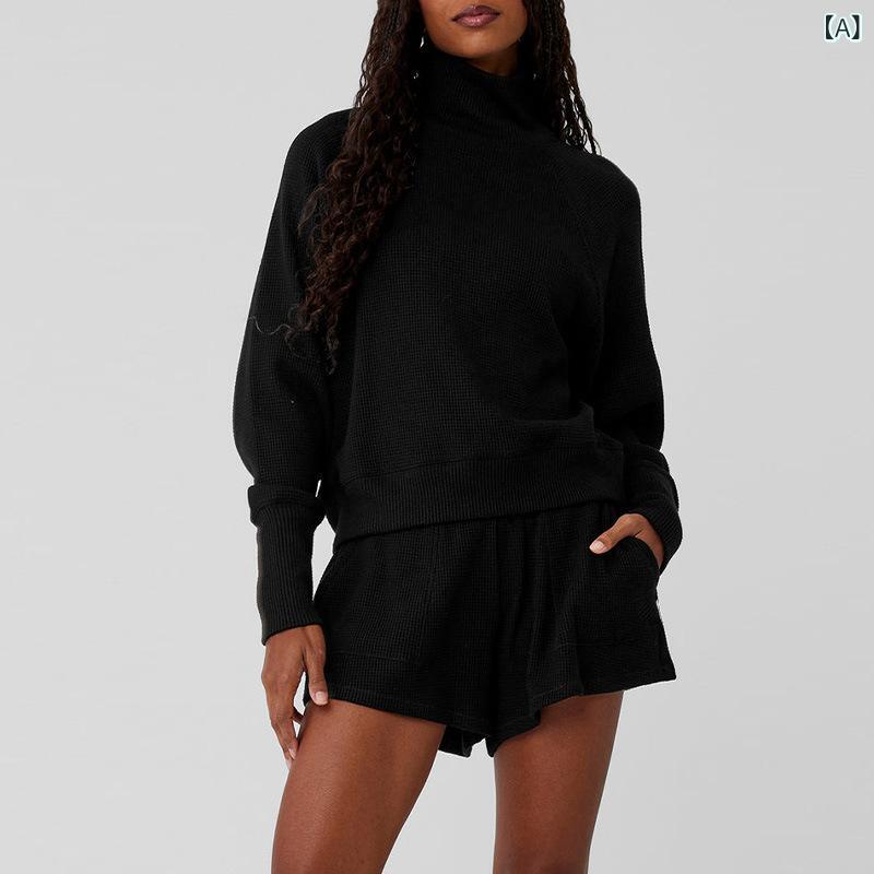 新しい ワッフルタートルネックプルオーバー 長袖 ハイウエストカジュアル多 用途 レギンスフィットネススポーツスーツ 女性 用