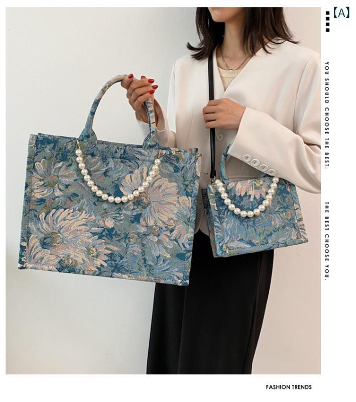 レディース バッグ ヴィンテージ 風 油絵 ブルー パール 通勤 トートバッグ ブリーフ ケース キャンバス バッグ 工場 卸売大 容量