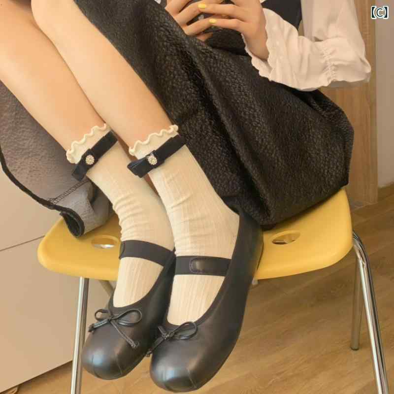 2023 日 系の 木の 耳元の 中 筒の 靴下の 秋冬の 二 重の 蝶結びの 靴下の 縦の 条の 甘美な 積み重ねの 靴下の 少女