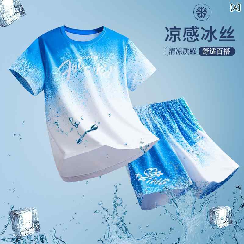 男の子 用 氷 糸 セット 夏の 大人 用 速 乾 通気 性 スポーツ ウェア 子供 用 グラデーション 半袖 ズボン 2 点 セット 薄い