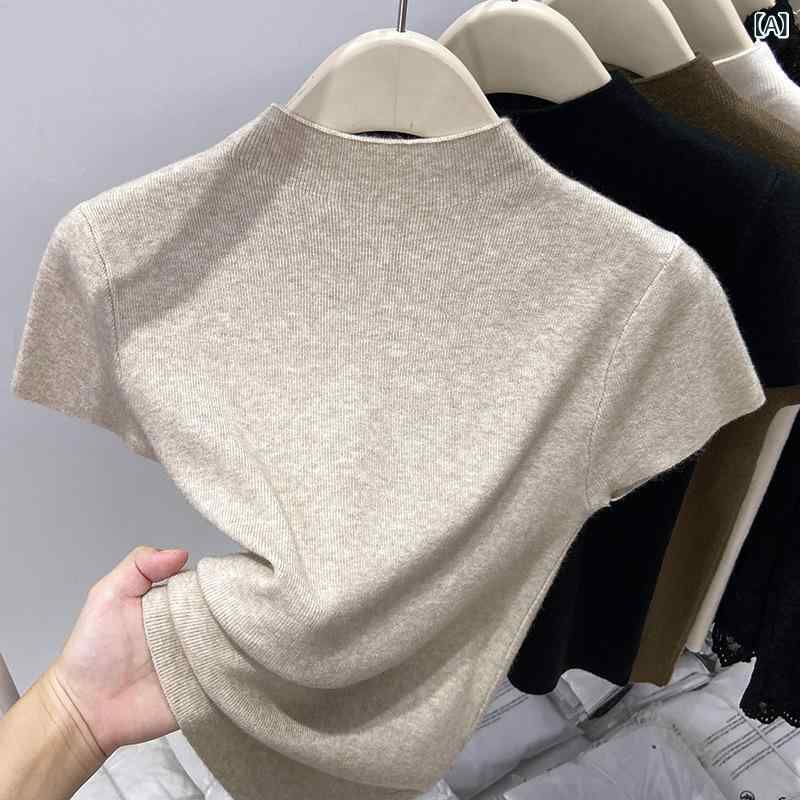 秋の 新作 レディース 韓国 風 半袖 ニット セーター Tシャツ、 スリムフィットボトムスシャツ、 セーターショートトップス