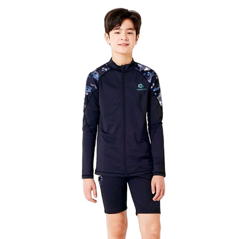 [Ymgot] キッズ 水着 男の子 セパレート 3点セット 子供 ジュニア 水着 長袖 ラッシュガード スイムキャップ ハーフパンツ スポーツ 水着 フィットネス スクール 水着 日焼け防止