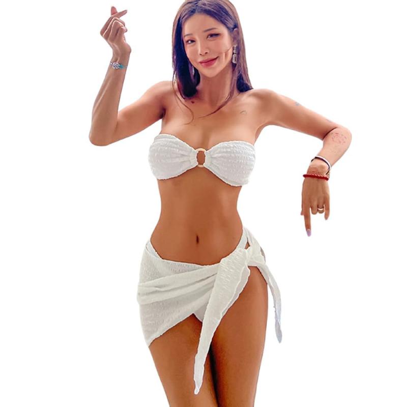 [RAVIR] 【ラヴィール】水着 ビキニ レディース 3点セット ビキニセット 女性用水着 リボン 可愛い バックシャン チューブトップ ブラ ハイウエスト パレオ