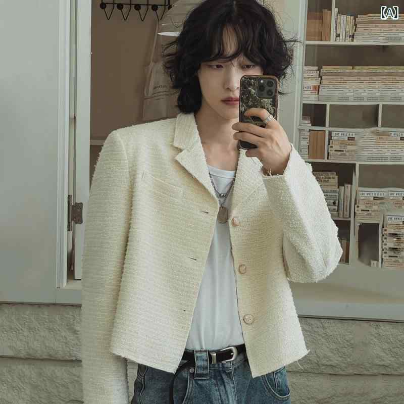 Rakuten - MYQ 小香 風 ショート コート 男性 春 ゆるい スーツ 襟 ジャケット 韓国 版 トレンド 高級 感 着着