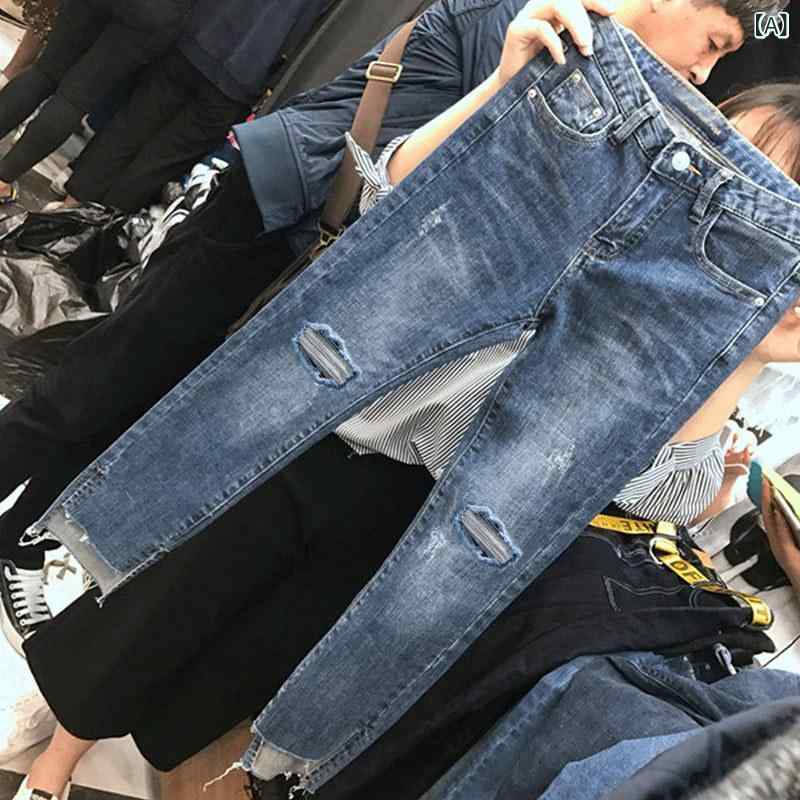 Rakuten - 香港の 破れた 穴の ジーパンの 女性の 足の 9 分の 2020 新型の 韓国 版の 高い 腰の ガードルは やせて いる 弾力の 修身の ズボンを 現します。