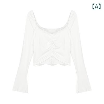樂天商城 - 純粋な 欲 風の 白い v ネックの 長袖の 底の シャツの t シャツの 女性の 秋の ギャルの セクシーな レースの つなぎ 合わせの 修身の 短い 上着
