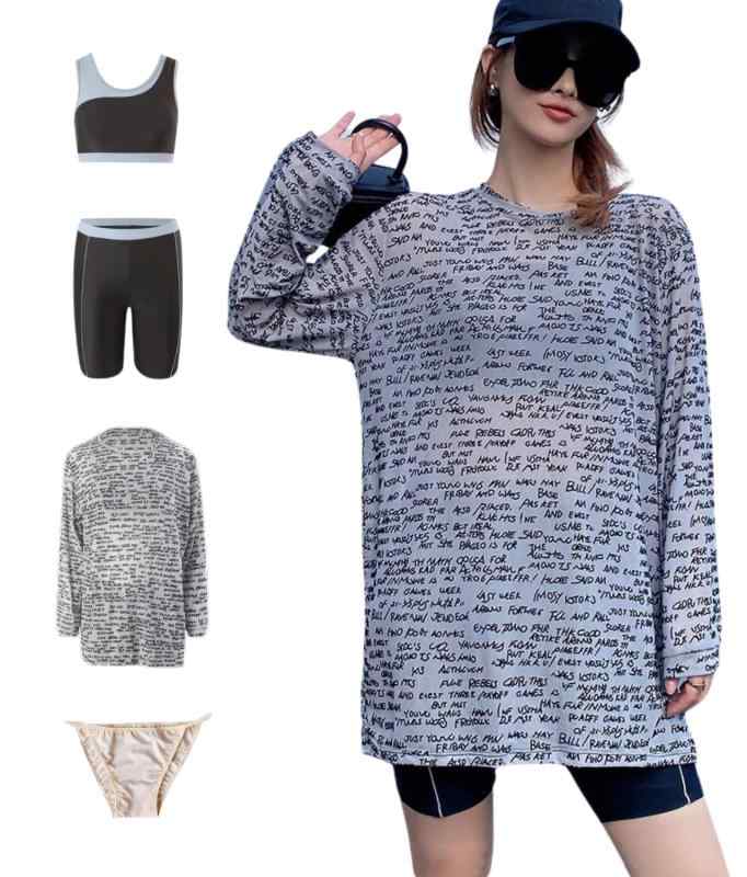 [LIMSE] 3点セット 水着 レディース スポーツブラ+ショートパンツ+カバーアップ ラッシュガード 体型カバー UV対策 トレーニングウェア ヨガ ピラティス グレー