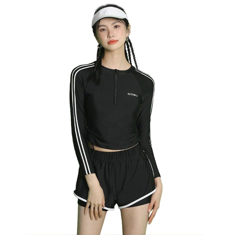 [Guo.KK7] 水着 レディース ビキニ 2点セット スポーティー水着 ショートパンツ 無地 パット付き ファッション 長袖ラッシュガード 水陸両用 スポーツ風 速乾性 弾性 かわいい 泳ぐ 休み ビー