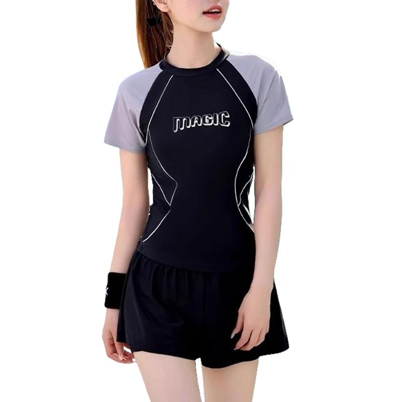 [Karsaer] 水着 レディース セパレート 半袖 ショートパンツ 2点セット 取り外し可能パッド付き 体型カバー UVカット 速乾性 水陸両用 ジム プール フリーサイズ 高校生A0045