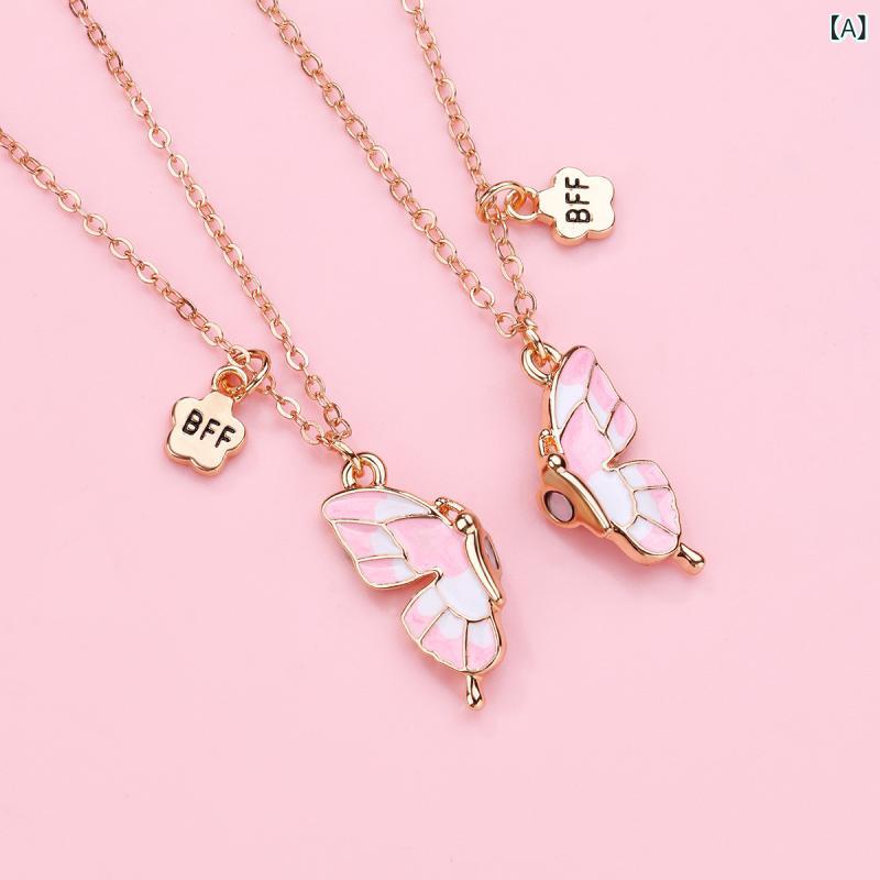 Pink - Tiangaoの 新しい小さな 新鮮な ピンクと ブルーの 蝶 磁気 合金 ペンダントネックレスクリエイティブニッチデザイン 親友 ネックレス
