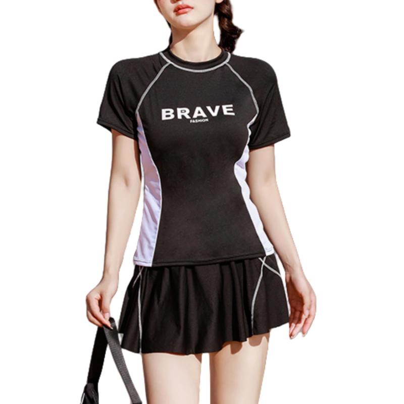 [Tiernyueth] 水着 レディース ビキニ 2点セット 半袖スカート スポーティー水着 無地 パット付き ファッション 半袖ラッシュガード ショートパンツ 水陸両用 スポーツ風 速乾性 かわいい 休み