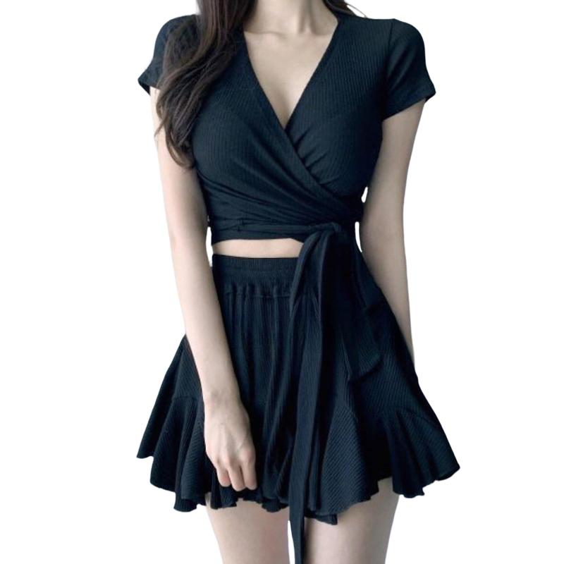 [LrisIuza Echo] 水着 レディース 2点セット 水陸両用 かわいい スイムウェア 体型カバー セパレート パット付き 大きいサイズ ショートパンツ フィットネス おしゃれ 夏 トップス スカート 可愛