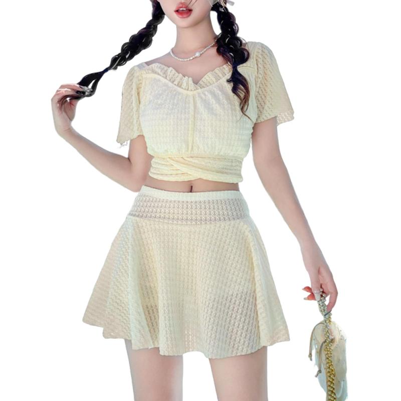 [ZeoYoee] 水着 レディース ビキニ 体型カバー 可愛い 半袖 セパレート スカート 2点セット フリル ハイウエスト パット付き 無地 露出控えめ 高校生 温泉 海 プール