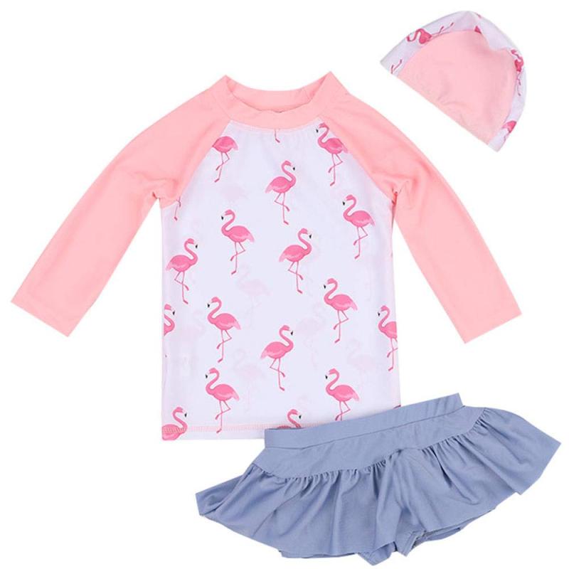 [UNIMOR] キッズ 水着 女の子 フラミンゴ柄 ラッシュガード 長袖 ガールズ スイミング 3点セット 水遊び 女児 みずぎ
