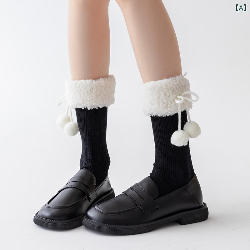 靴下 女性 秋冬新 商品 羊 小 毛 玉 中 筒 靴下 日系 jk かわいい純 色 保温 ロリータストッキング