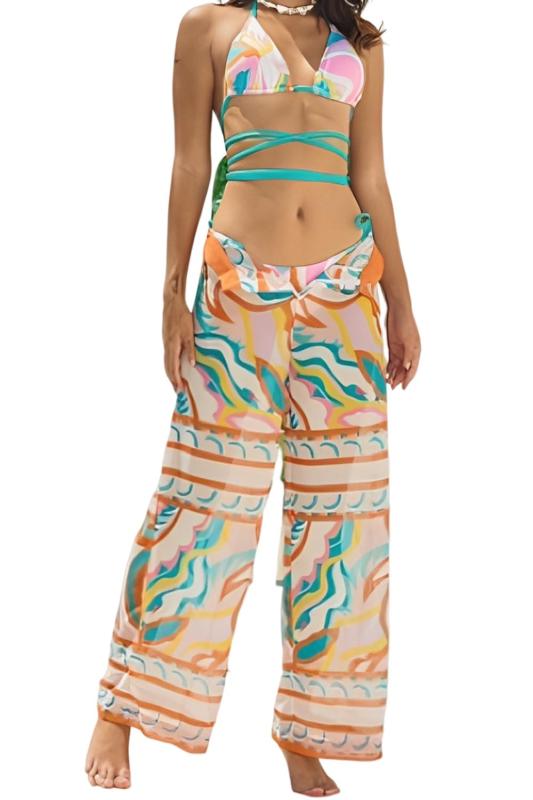 [KENOU] レディース 水着 ビキニ 体型カバー グリーン ロングパンツ 3点セット