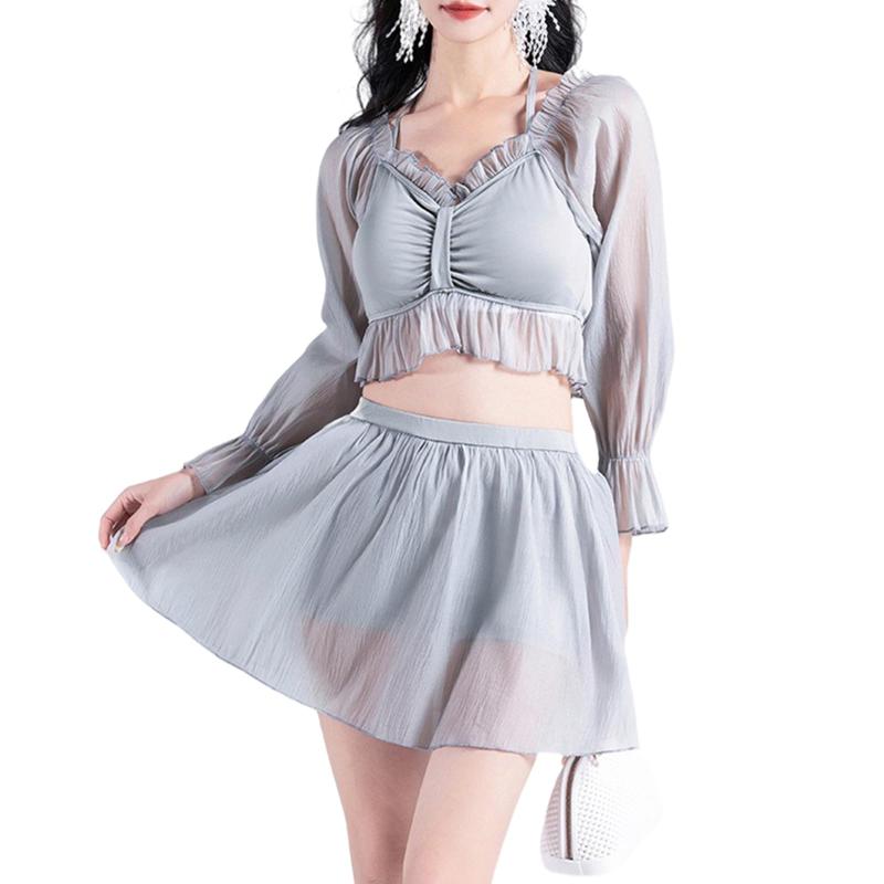 [MzcoYmm] 水着 レディース 体型カバー 大きいサイズ 長袖 2点セット 二の腕 フレア ハイウエスト スカート セパレート可愛い 上下セット 紫外線対策 透け感 おしゃれ 海 旅行 ビーチ