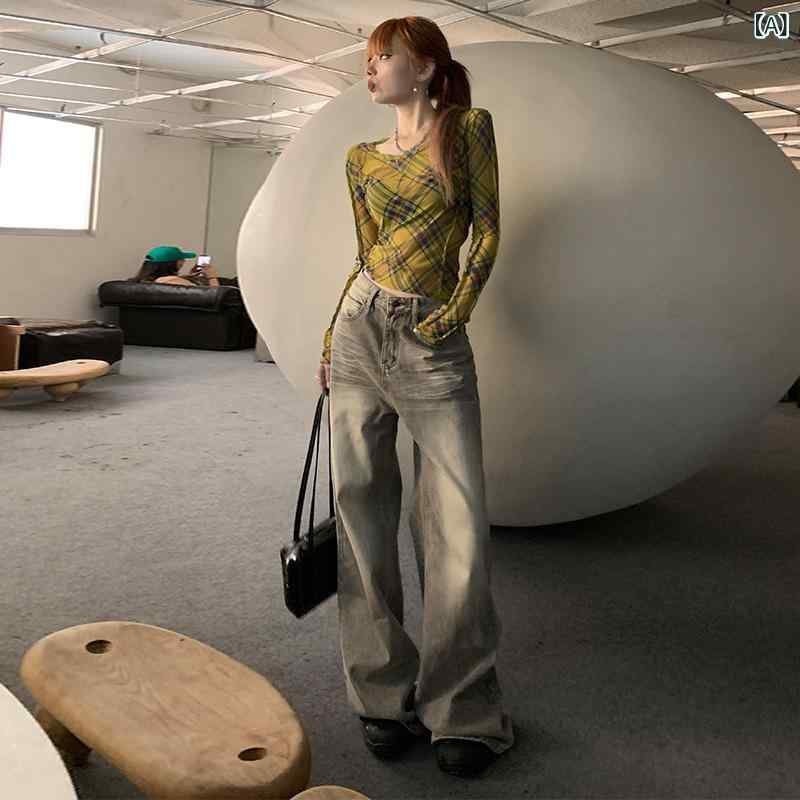 乐天商城 - アメリカは 古い 灰色の広 脚 ジーンズを 作って います。 女性は 2024 年の 春の 新型の ストレート 筒が ゆったり して います。