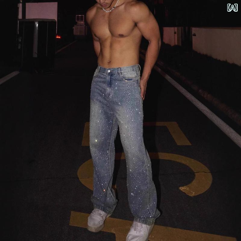 2025 新型 高 街 アメリカ staple満 ドリル ジーンズ 男 大衆 フラッシュ ドリル 復古 感 ストレート パンツ