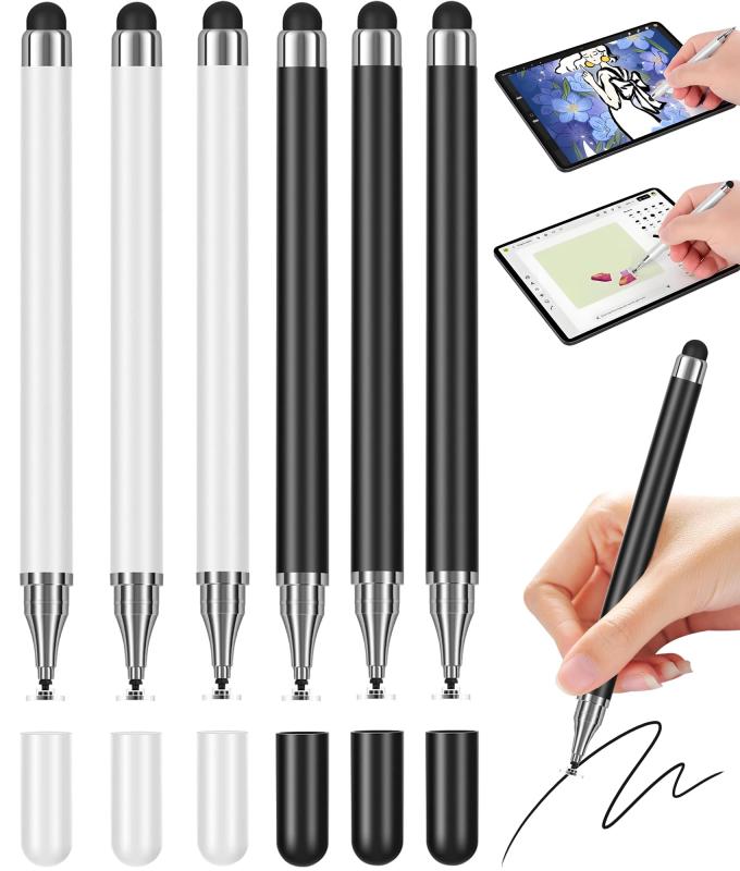タッチペン スタイラスペン 6本セット 2in1 ユニバーサルスタイラス タブレット用スタイラスペン Bluetooth接続不要 充電不要 タブレット タッチスクリーン携帯電話対応 筆記/描画/メモ取りにセット内容：タッチペン スタイラスペン 6本セット；ブラック、ホワイト、2色のタッチペン各3本、様々な使用シーンや個人のスタイルに合わせられ、日常使用にさらなる利便性をもたらします。Bluetooth接続や充電は不要。画面をタップするだけで操作できるので、電子機器初心者でも簡単に使いこなせます。人間工学に基づいた快適なグリップデザイン：軽量で耐久性に優れたボディを採用したこのスタイラスペンは、長時間の使用でも快適に使用できます。創作、勉強、日常の作業など、どんな場面でも快適なグリップ感を提供します。2 in 1 多機能設計：円盤型のペン先は高精度を実現し、デザイン画や漢字練習などの細かい作業に最適で、より滑らかな線を描きます。シリコン製のペン先は柔らかな書き心地で、ゲームやスクロールなどの日常的な作業に最適です。このスタイラスペンは、多様な操作ニーズに対応するデュアルペン先設計を採用しています。傷に強く耐久性があり、画面を保護：柔らかくなディスクペン先を搭載し、画面を傷つけることなくスムーズなタッチを実現。デバイスのディスプレイを常にきれいな状態に保ちながら、シームレスなユーザーエクスペリエンスを提供します。安心してお使いいただける幅広い互換性：95%以上の静電容量式スクリーンデバイスと互換性があります。（注：保護フィルムの厚さやアプリケーションのバージョンによって、書き心地が異なる場合があります。3mm未満の保護フィルムの使用をお勧めします。感度が低下した場合は、画面をクリーニングするか、デバイスのオペレーティングシステムを更新して、最適なパフォーマンスを取り戻してください。）