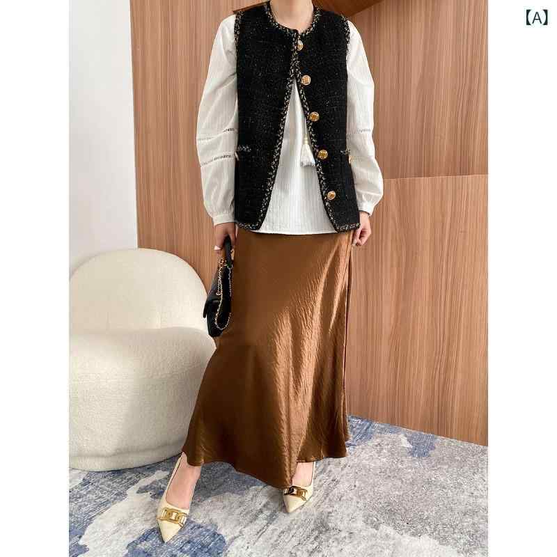 Sinan 初秋の 新作 フレンチパールサテン 伸縮 性 ハイウエストスリム A ライン スカート SN 7108