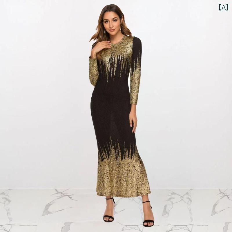 2023 欧米の 新型 アマゾンの 金の プリントは 長袖の ワンピースを 修理 します。