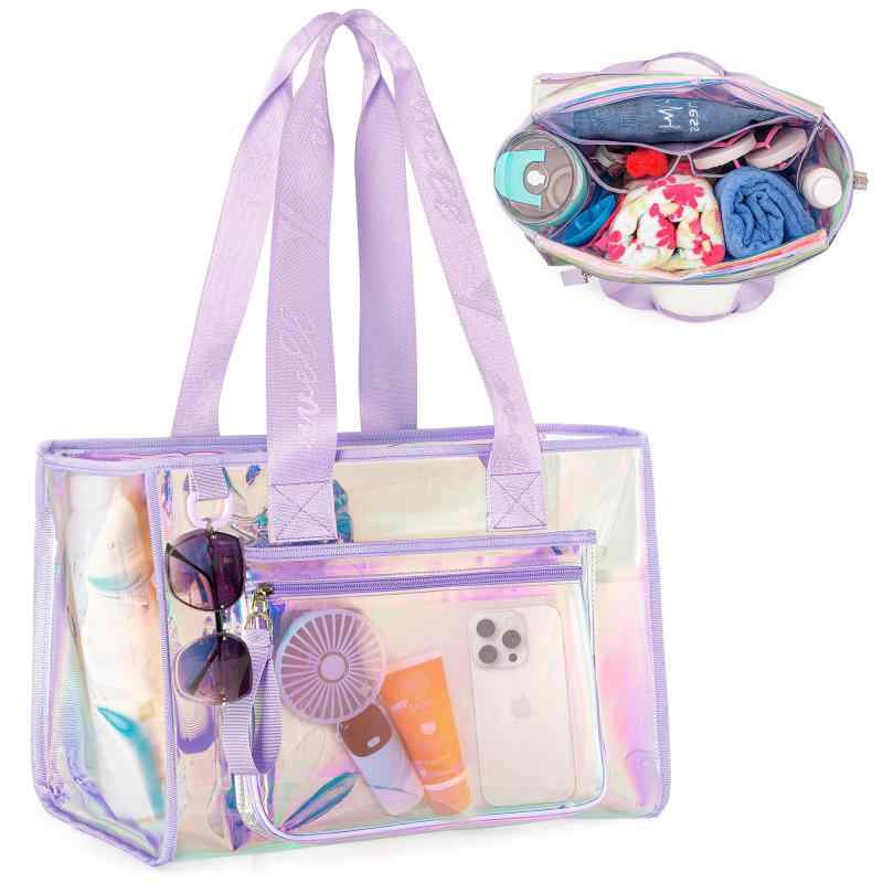 YARWO ビーチバッグ ビニールバッグ ポケット多い プール 砂場 ジム ヨガ 水泳 旅行 パープル