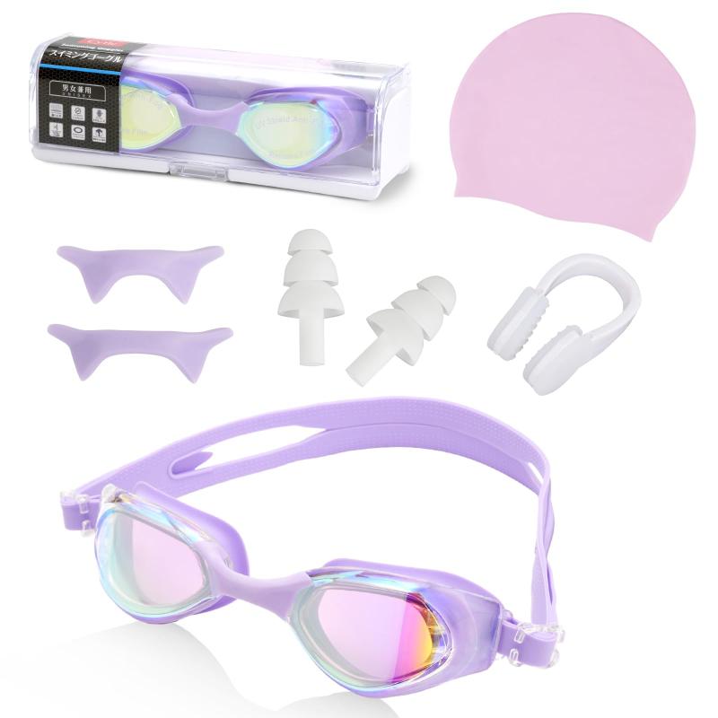 [CYFIE] スイミングゴーグル 大人用 水泳ゴーグル 曇り防止 UVカット HDレンズ ソフトシリコン 鼻ベルト 耳栓 鼻クリップ 水泳キャップ付き 競泳 フィットネス 海水浴 水中眼鏡 男女兼用 三色