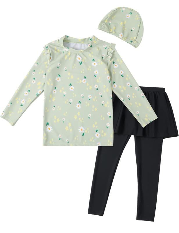 [AILITI] キッズ 水着 女の子 セパレート 長袖 ラッシュガード スカート付きレギンス スイムキャップ 3点セット 子供用スイムウェア 吸汗速乾 UPF50+