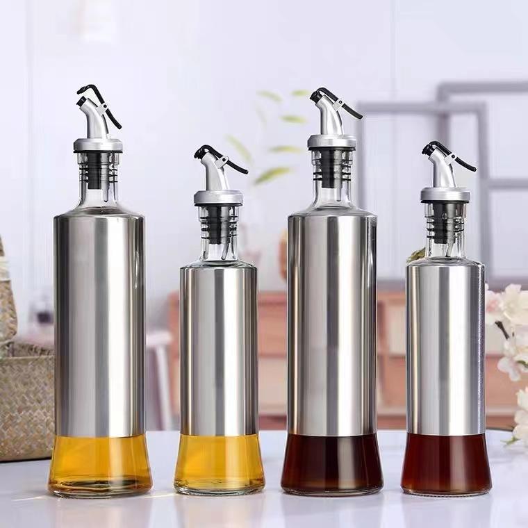 Rakuten - 300 ml セットの 皮 油 瓶 醤油 瓶 高級 家庭 用 鉛 フリーガラスステンレスカバーの 皮 油 壺 セット