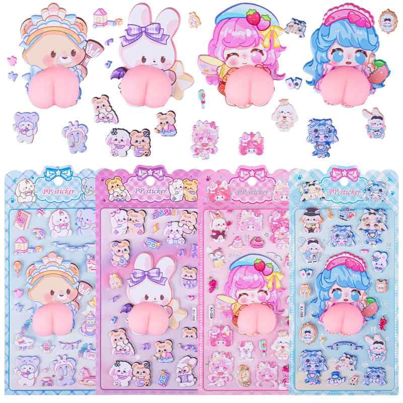 4枚 おしりぷにぷにシール 立体 かわいい キャラクター 3D 動物 シール マシュマロ ふわふわ もちもち, もっちりスクイーズ ステッカー 貼り付け可能 日記帳 DIY デコ 女の子向け 携帯電話飾 skylight-10662338 スカイライト パッケージ画像