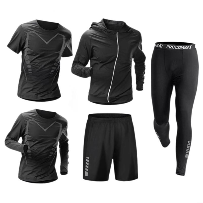 [Yucahype] コンプレッションウェア メンズ 5点セット 反射機能 上下セット トレーニングウェア 通気 吸汗速乾 超ストレッチ スポーツ ランニングウェア ジャケット 長袖シャツ 半袖シャツ ハ