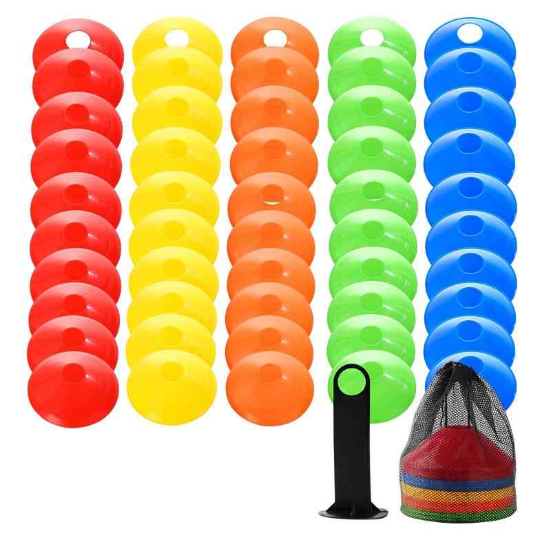 East Leaf マーカーコーン カラーコーン サッカー バスケ フットサル スポーツ トレーニング ラック 収納袋付 (50個（5色x10個）)