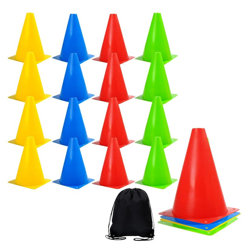 East Leaf カラーコーン マーカーコーン ミニコーン 三角コーン 軽量 壊れにくい 収納袋付【踏んでも割れないい】柔らかいポリエチレンでできている為誤って踏んでも割れず潰れてもすぐ元に戻ります。怪我もしにくく安心してお使いいただけます。【目立つカラー＆コンパクトに収納】4色の目立つカラーでわかりやすく使いやすいマーカーコーンです。一つのコーンが軽量な為持ち運びも楽々、お子様でも楽に持ち運び可能。 重ねて収納できるのでコンパクトに収まり省スペースに収納がおさまります。【様々な用途に】サッカー、フットサルや陸上競技などの練習はもちろん、バスケ、ローラースケート、スケボー、バイクやテニスなどにも適します。 体育の授業やスポーツクラブでのご使用やラジコンのコース練習やアジリティトレーニングなどアイディア次第で様々な用途にご活用いただけます。【仕様】サイズ：W13.5×D13.5×H18cm 素材：PE 数量：(1)4色（赤、青、緑、黄色）×4コ　計16コセット、収納袋×1 (2)5色（赤、青、緑、黄色、オレンジ）×5コ　計25コセット、収納袋×1【安心の30日間】商品品質には万全を機しておりますが、万が一初期不良等発生した場合はご購入から30日間に限り新しい商品と交換対応いたします。【East Leafオリジナル】East Leafオリジナル梱包にてAmazon倉庫から迅速にお届けいたします。