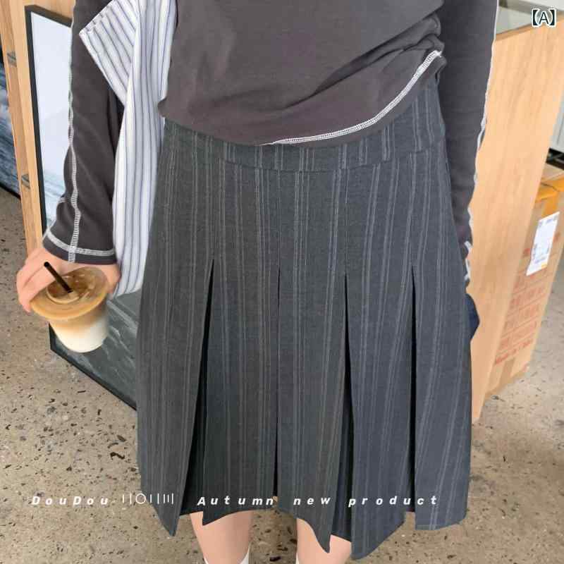 大きい サイズの エレガントな ストライプ 柄 スカート、 2025 年 秋の 新作 プリーツ スカート、 ハイウエストスカート、 おしゃれな 韓国 風 スリム A ライン スカート