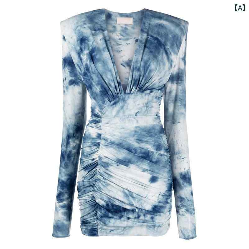 南 油 高定 婦人 服 卸売り ヨーロッパ 駅 デザイナーの新 型染め プリントの しわ 飾り v ネックミニワンピース(x30)