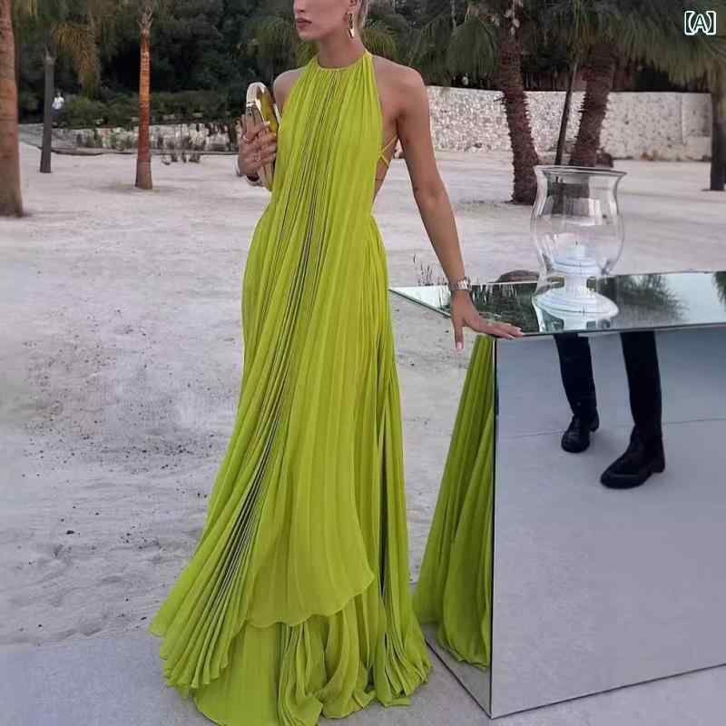 欧米の 婦人 服の 新型 アマゾンの クロス ボーダーの 婦人 服の純 色の 丸首の 袖 なしの セクシーな 露 背の ビーチの ロング スカートの 女性 8099