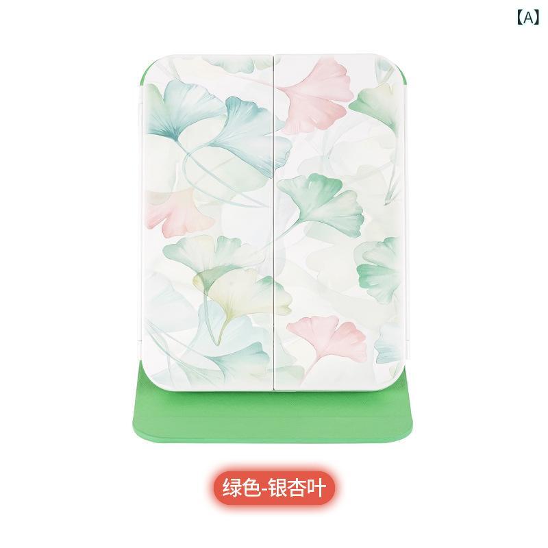 Led 化粧 鏡 ランプ 付き 三 つ折り 貝殻 鏡 化粧 充電 デスク トップ 携帯 収納 革 製 ダブル ドア 折り畳み 鏡