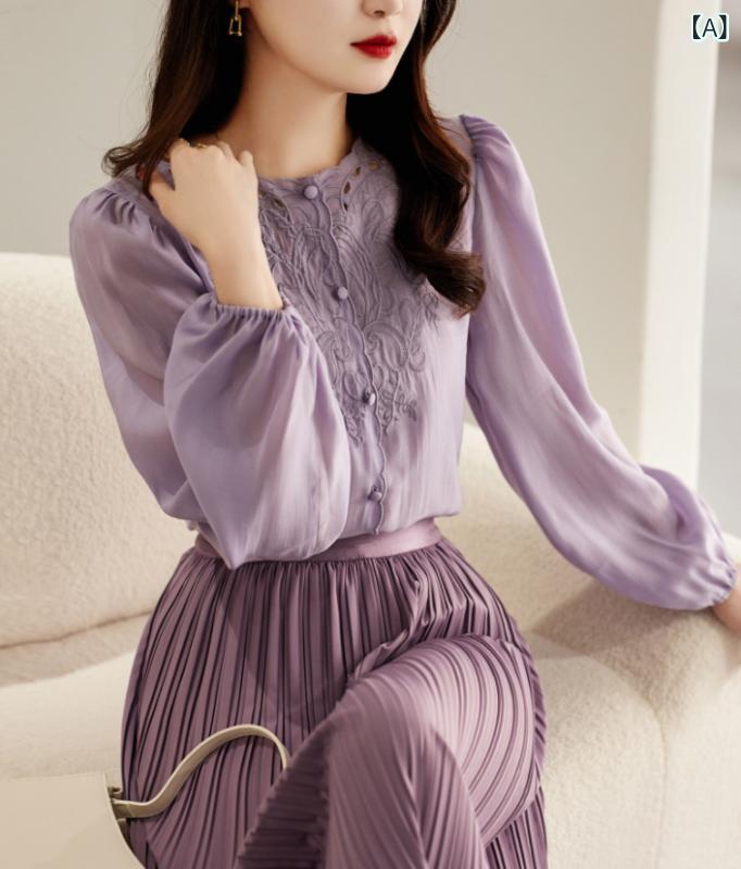 フランスの エレガントな スタイルの 位置決め 刺繍 気質 ラウンド ネック 長袖 シャツランタンスリーブ小さな トップ 日焼け 止め シャツ 女性の ための 春と 夏