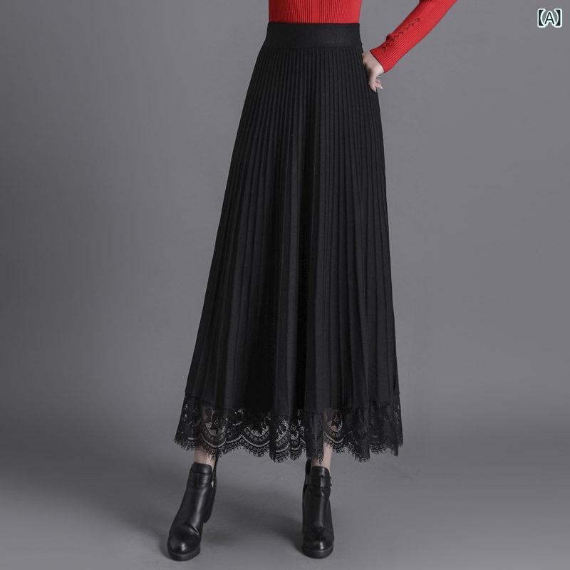 樂天商城 - ニットの 毛糸の スカートの 女性の 秋冬の高 腰の 百の スカートの 中で 長い 半身は 大きくて 長い レースの 傘の スカートを 並べます。
