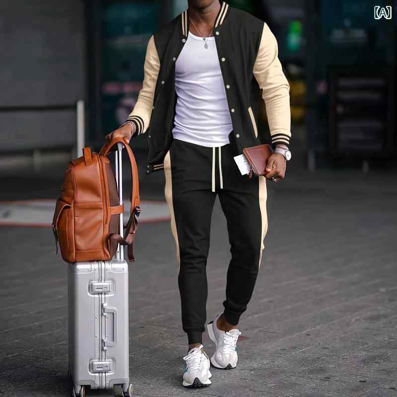 2025 アマゾンクロスボーダー 秋の新 ジャケットメンズカジュアルルーズ 野球 ユニフォーム ジャケットと ズボンの ツーピース スーツ