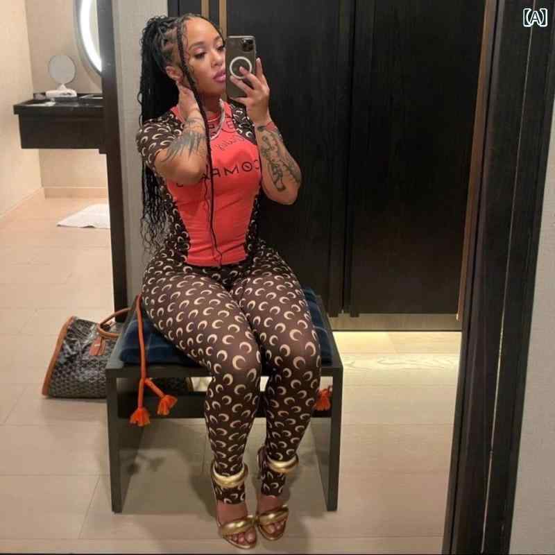 ヨーロッパと アメリカの 人気の クロス ボーダーファッショントレンドムーンプリントデザイン 弾性 スリム セクシーな ボトム ストップと パンツ スーツ