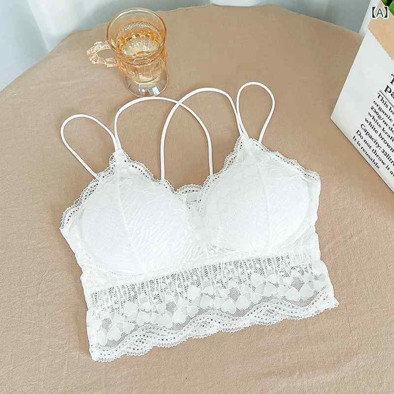 2022 年 レース 細 肩 紐 クロスバックノンワイヤーキャミソール 女性 用 露出 防止 ブラ パッド 入り(..