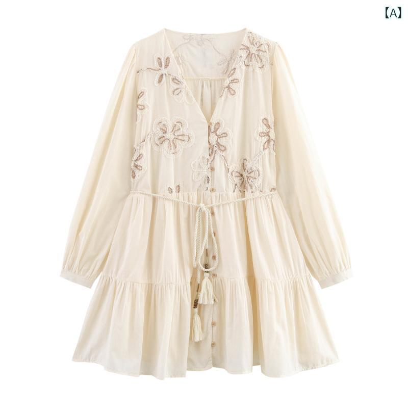 PB & ZA レディース 2025 夏 新作 花 柄 刺繍 v ネック 長袖 ミニ ワンピース 8741037