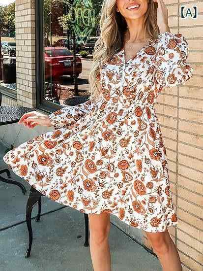 2024 欧米の クロス ボーダーの 新型 女性の ボヘミアン v ネックの 花の ミニスカートの 長袖の 斜めの 襟の ワンピース