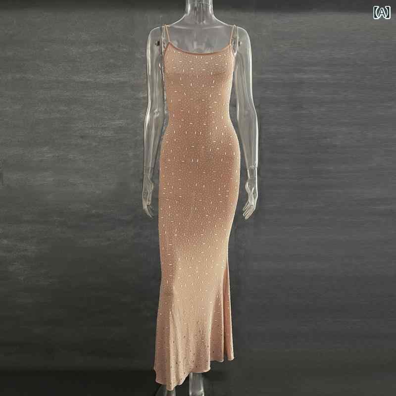 2025 年 越境 EC サイト、 アマゾン、 AliExpress、 自社 サイトで 人気の レディース ファッション、 キラキラ 輝く セクシーな スト ラップ 付き マーメイドロングドレス