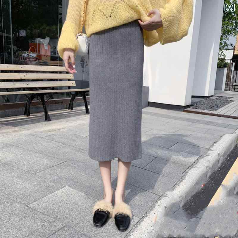 樂天商城 - ニットの 半身の スカートの 女性の 2024 秋冬は セーターの 高い 腰の 中の 長い 糸を 合わせて、 厚い フォークを 開けてお 尻の スカートを 包みます。
